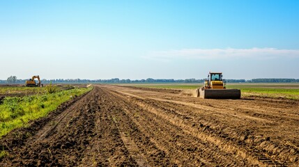 Fototapeta premium A tractor is driving down a dirt road in a field