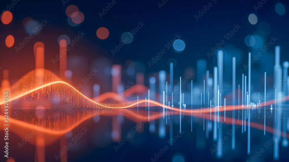 Poster abstract digital visualization of colorful wave patterns representing data trends with bokeh lightin