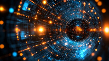 Fototapeta premium A futuristic digital tunnel with glowing lights in blue and orange, representing technology and abstract concepts.