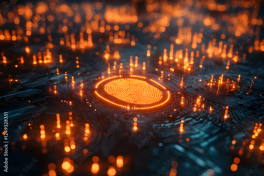 Poster glowing fingerprint on futuristic surface, data nodes light up. background with abstract waves and a