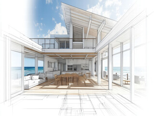 cozy beach house architectural blueprint showcasing open spaces, large windows, and ocean views. design emphasizes natural light and modern aesthetic, perfect for seaside living
