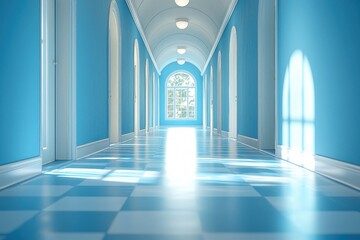 Fototapeta premium Bright and airy corridor with blue walls and checkered floor leading to sunlight
