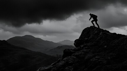 Silhouette of a person on a rocky peak with dark clouds and mountains in the background