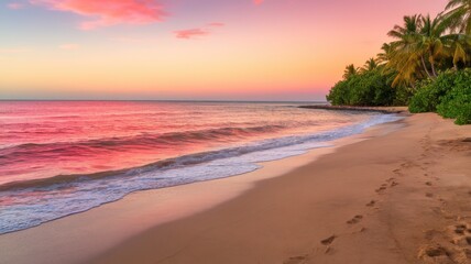 A serene beach at sunset, with gentle waves lapping at the shore under a colorful sky, creating a tranquil atmosphere and vibrant reflections on the water.