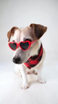 Adorable fashionista pet dog Jack Russell terrier  ​​in glasses shape heart sitting on white background looking camera. Trendy accessories, dog fashion. sunglasses and plaid red scarf. vertical video