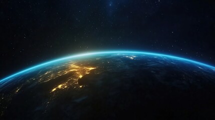 Fototapeta premium A stunning view of Earth illuminated by city lights against a dark starry background.
