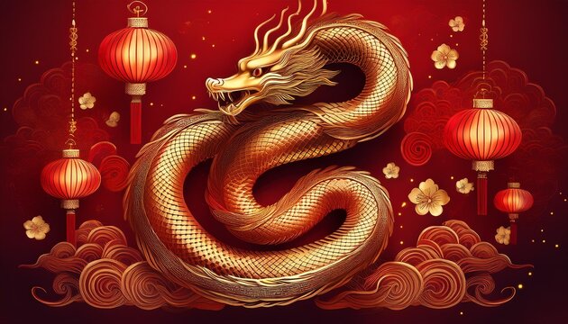 golden dragon on red background
