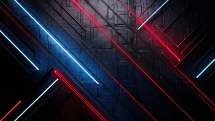 Obraz premium A vibrant array of neon blue and red lines crisscrossing against a textured black backdrop, creating a dynamic and futuristic atmosphere.