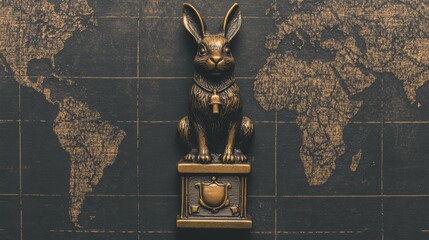 Bronze Rabbit Statue on World Map Background with Grid Lines and Simple Bell Necklace.