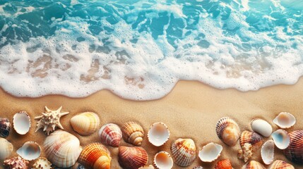 A beach scene with a large wave and a large pile of shells