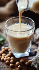 Soy milk in a glass and soy beans on a wooden table