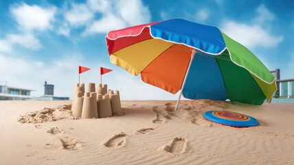 A colorful beach umbrella provides shade over a meticulously crafted sandcastle decorated with tiny flags, creating a cheerful summer scene.