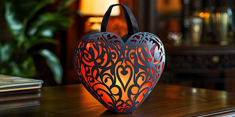 Ornate black heart lantern, illuminated with a warm orange glow, resting on a polished wooden surface.