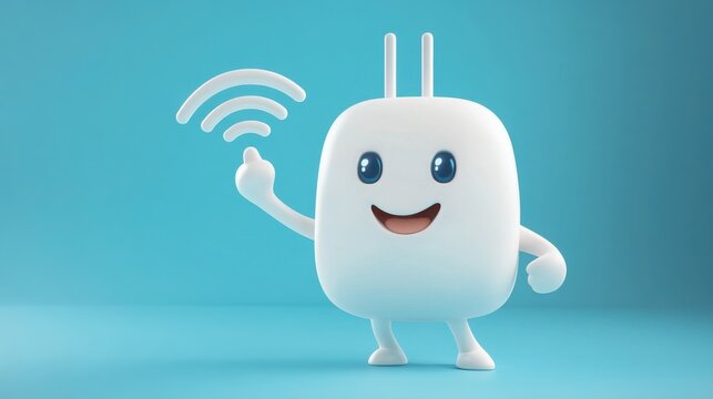 A cheerful 3D cartoon character holding a Wi-Fi router, showing strong signal bars.