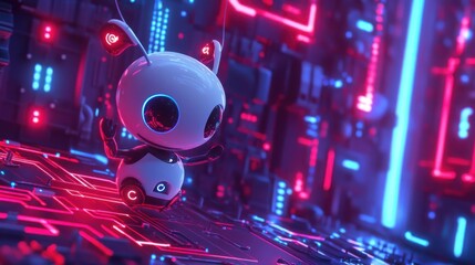A cute 3D cartoon AI assistant floating in a digital space, surrounded by neon circuits and data streams.