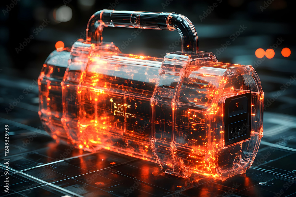 Poster glowing transparent tech case on grid surface in dark tech environment