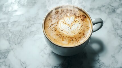 A steaming cup of rich cappuccino with foam art on top, sitting on a white marble background,