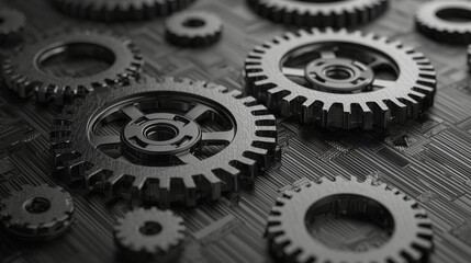 A collection of black gears arranged on a textured surface, showcasing intricate details and mechanical design.