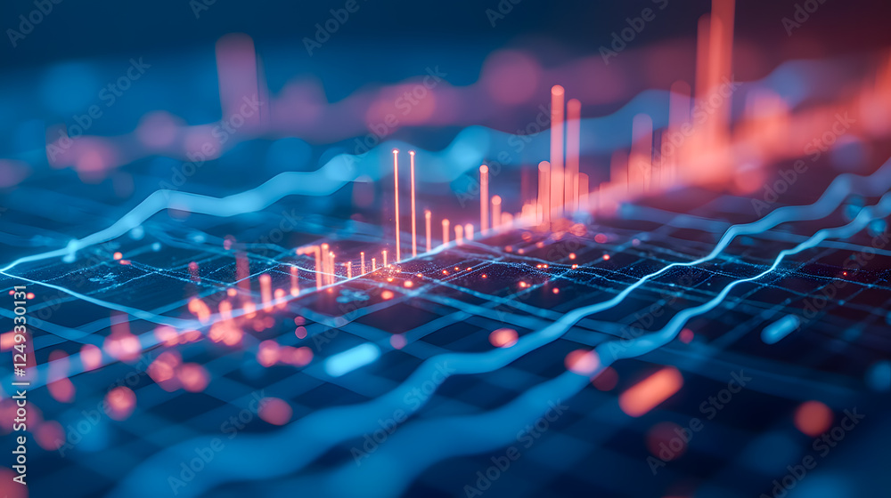 Poster abstract digital data visualization with colorful charts and graphs representing financial and stati