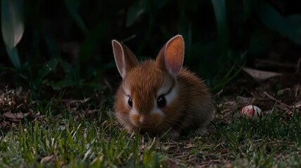 Fototapeta premium Brown Baby Bunny Sitting Amid Green Grass With White Egg In Background At Night Time Outdoors.