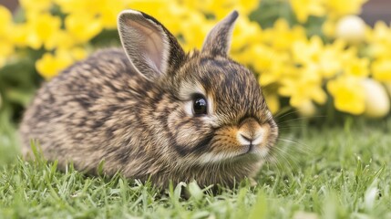 Fototapeta premium Brown Baby Rabbit Posing in Green Grass with Yellow Flowers Behind It in the Garden.