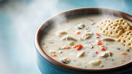 A steaming hot bowl of creamy clam chowder with crackers, placed on a soft blue background,