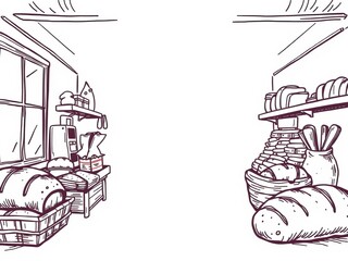 Hand drawn doodle illustrations of various bread products on a vintage bakery background, illustration, vector, bread