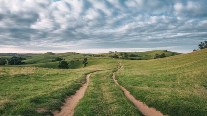 A serene landscape showing a winding dirt path through lush green hills under a cloudy sky.