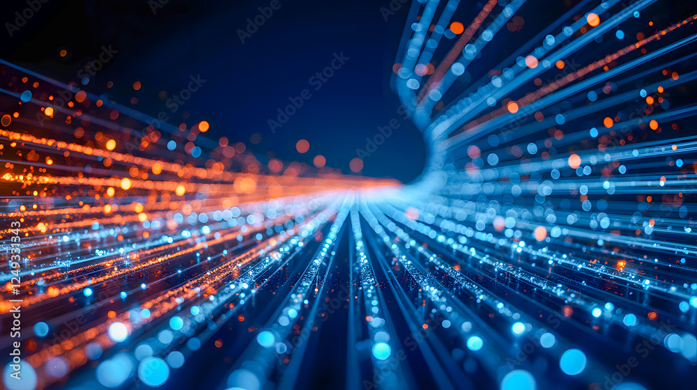 Poster dynamic flow of glowing blue and orange light particles in a dark space creating a mesmerizing abstr