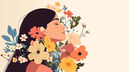 Peaceful woman holding a vibrant bouquet, enjoying the sweet fragrance of flowers in a tranquil setting, with space for text	