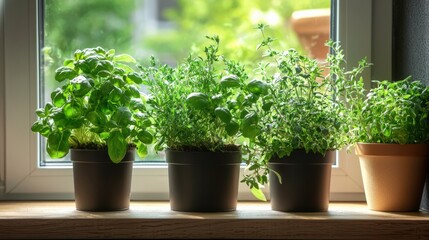 Three potted plants sit on a windowsill, with one of them being a basil plant