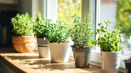 A row of potted plants sit on a windowsill, with some of them being herbs
