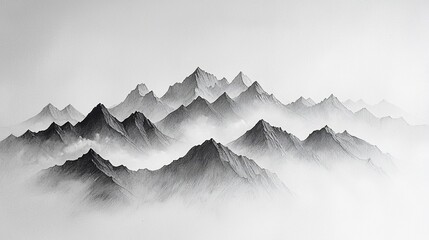 Monochromatic mountain range shrouded in mist.