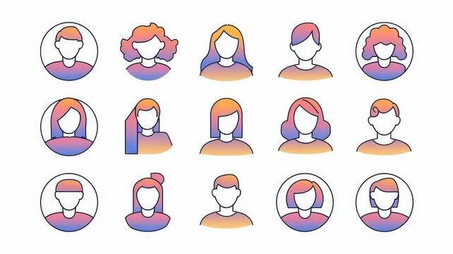 A diverse collection of illustrated avatars showcasing various hairstyles and colors, featuring both male and female representations in a vibrant gradient style. - Powered by Adobe