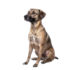 Obraz premium Brown and Black Mixed Breed Dog Sitting on White Background