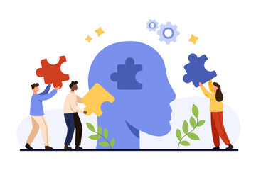 Mental health support and coach consultation, psychology. Tiny people holding puzzle pieces connect to brain inside human head, help to think and find lost solution cartoon vector illustration