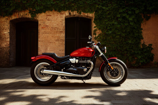 Classic motorcycle parked against a vintage brick wall surrounded by greenery on a sunny day