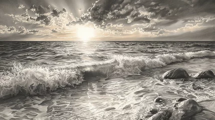 Selbstklebende Fototapeten Monochromatic seascape sunset with waves crashing on rocky shore. © saringan
