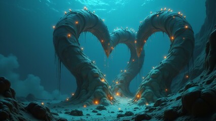 Towering heart-shaped chimneys at a deep-sea hydrothermal vent, swarming with glowing microbe formations