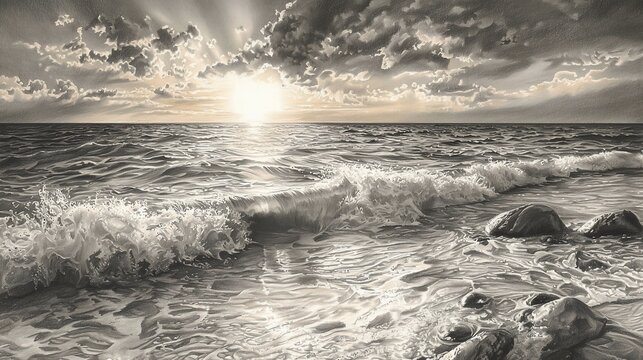 Monochromatic seascape sunset with waves crashing on rocky shore.