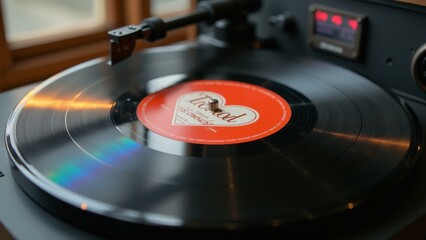 A vintage vinyl record displays a heart shape in its grooves against a colorful background.