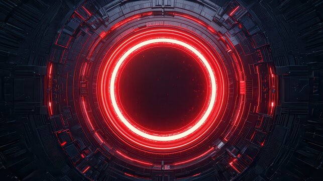 Technology of 5G: Wireless communication and streaming. Futuristic red circular design with a dark background.