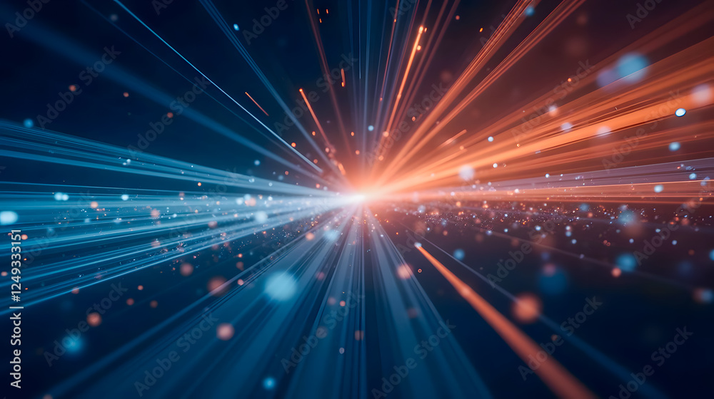 Poster vibrant light rays and glowing particles creating abstract burst effect on dark background for creat