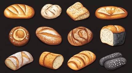 Illustration showcasing a variety of freshly baked bread, highlighting different shapes, sizes, and toppings	