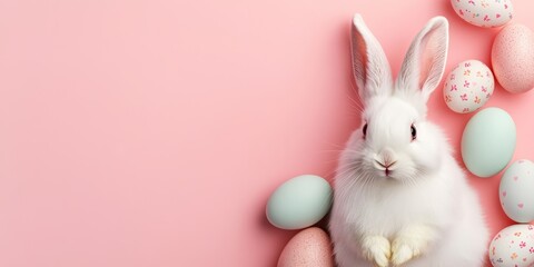 Obraz premium White rabbit on a pink background among Easter eggs. Easter and spring celebration concept. Spring card with space for text 