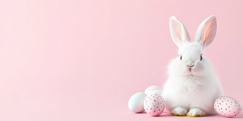 Obraz premium White rabbit on a pink background among Easter eggs. Easter and spring celebration concept. Spring card with space for text 