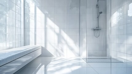 Obraz premium A bathroom with a bench and a shower