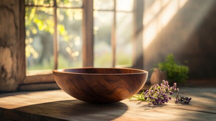 WOODEN VESSEL ON A TABLE AND A WINDOW WITH SUN RAYS COMING IN