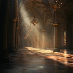 Fototapeta premium A large, empty room with a chandelier hanging from the ceiling