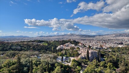 Panorama of Athens from the hill. There is a park in the foreground